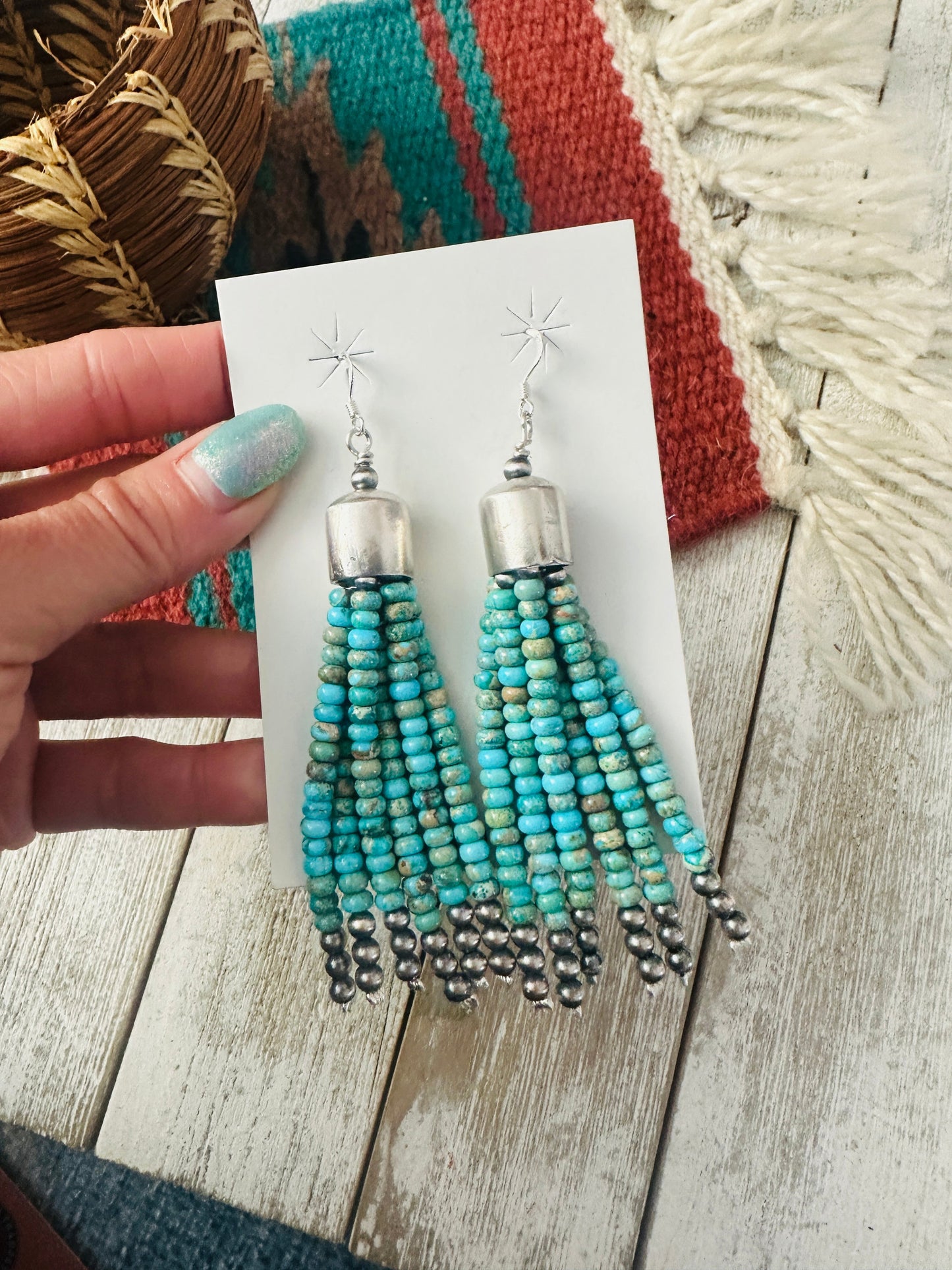 Handcrafted Lighter Turquoise & Sterling Silver Pearl Beaded Tassel Dangle Earrings