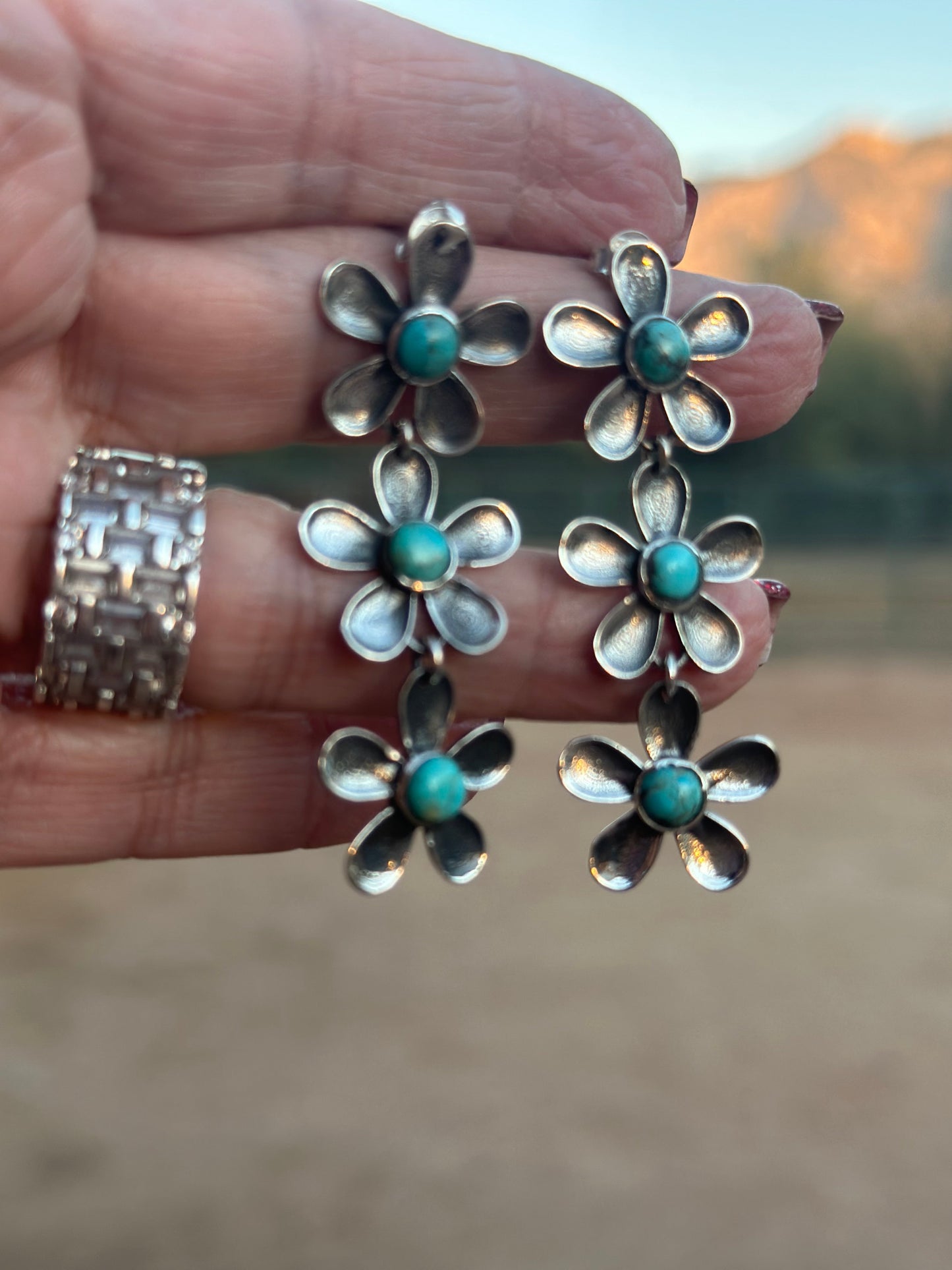 Handmade Sterling Silver and Kingman Turquoise Daisy Earrings