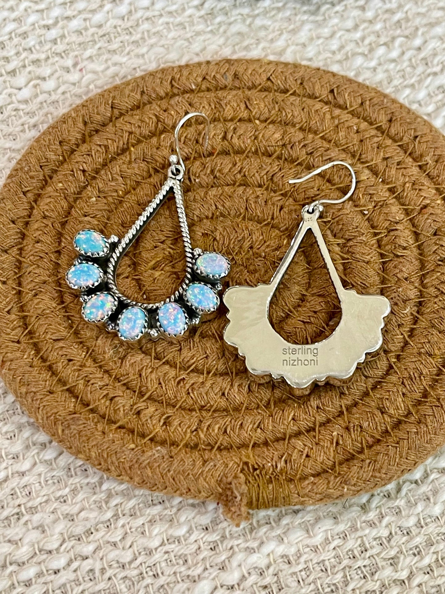 Handmade Light Blue Fire Opal & Sterling Silver Dangle Earrings