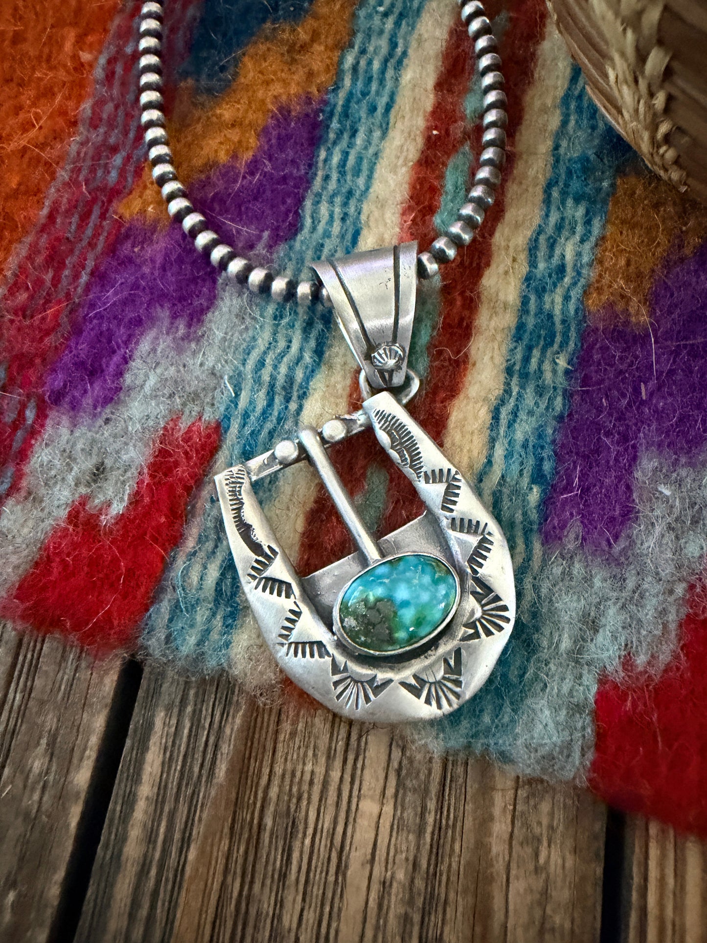 Handcrafted Sterling Silver & Turquoise Belt Buckle Pendant by Leroy James