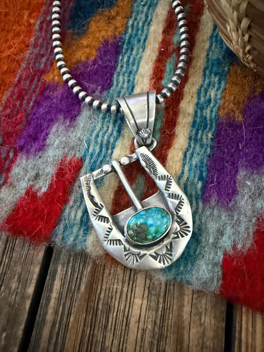 Handcrafted Sterling Silver & Turquoise Belt Buckle Pendant by Leroy James