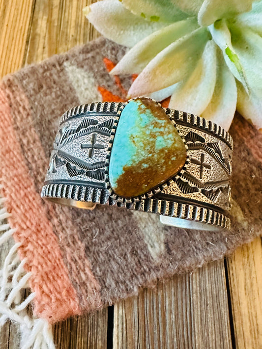 Navajo Royston Turquoise & Sterling Silver Tufa Cast Cuff Bracelet Signed