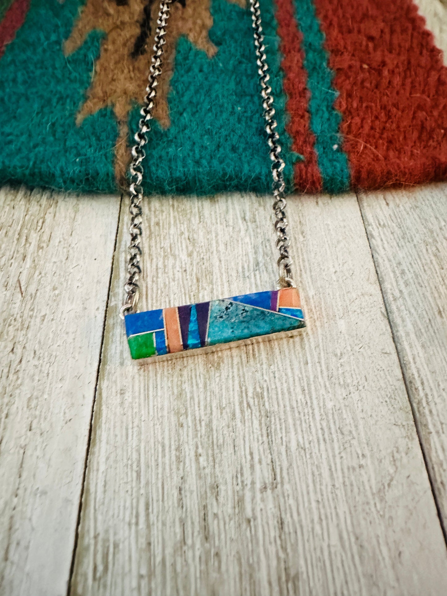 Handcrafted Multi Stone & Sterling Silver Inlay Bar Necklace