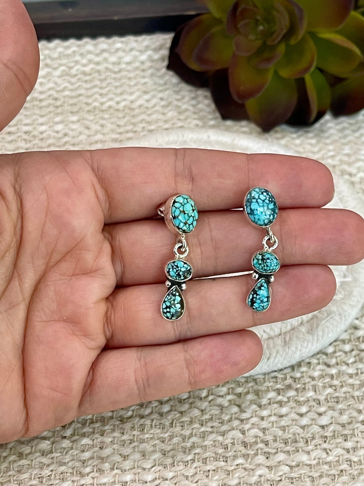 Handmade Sterling Silver Number 8 Turquoise Post Dangle Earrings Signed Nizhoni