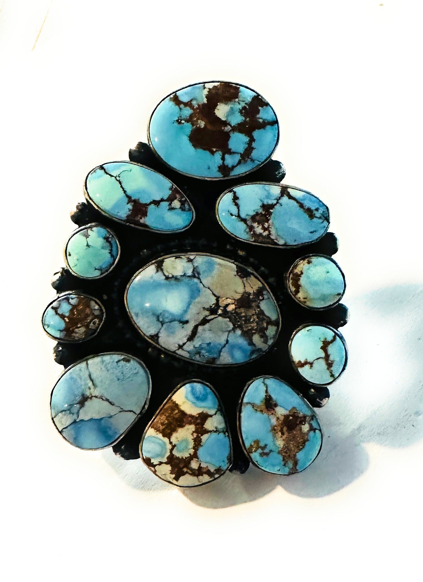 Handcrafted Golden Hills Turquoise & Sterling Silver Cluster Ring by Blaine Yellowhorse, Size 7