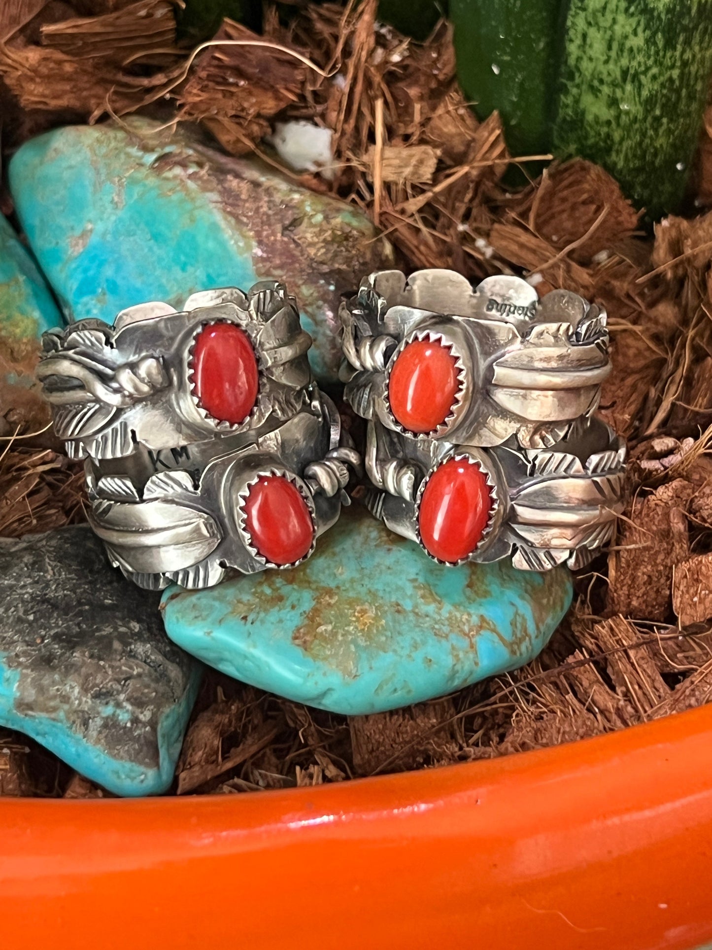 Handcrafted Sterling Silver Stout Feather Rings with Mediterranean Coral, Signed KM