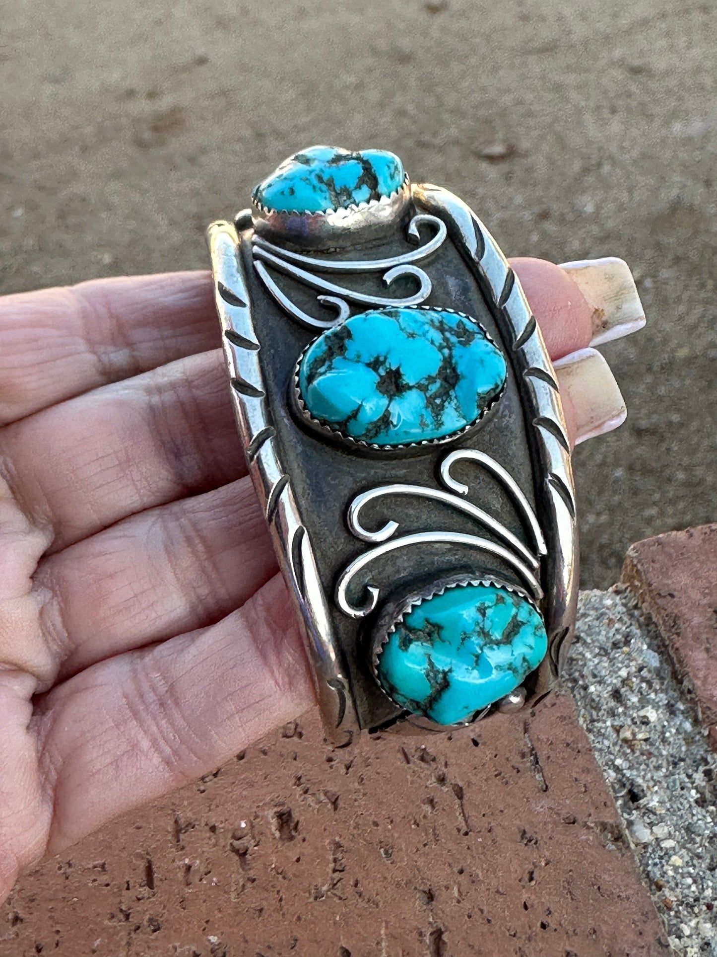 Estate Collection Old Pawn Handcrafted Sterling Silver & Natural Kingman 3 Stone Turquoise Cuff Bracelet /