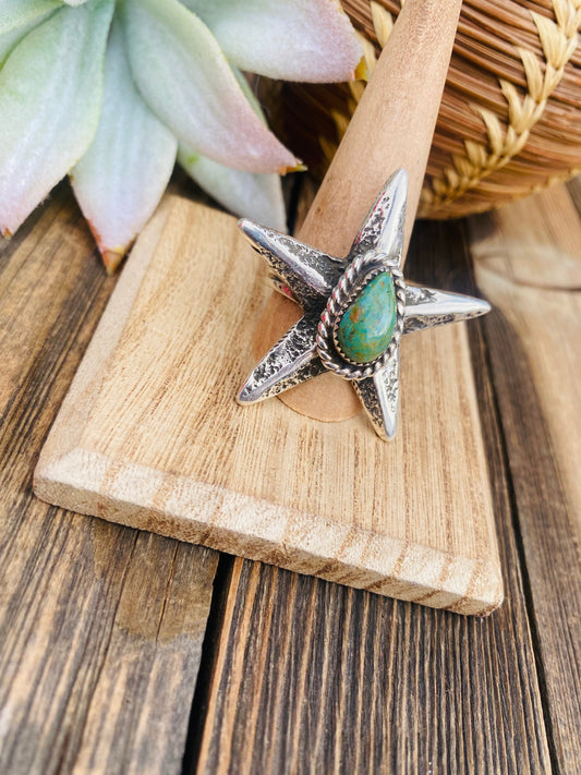 Handcrafted Royston Turquoise & Sterling Silver Star Ring Size 10.5 Signed
