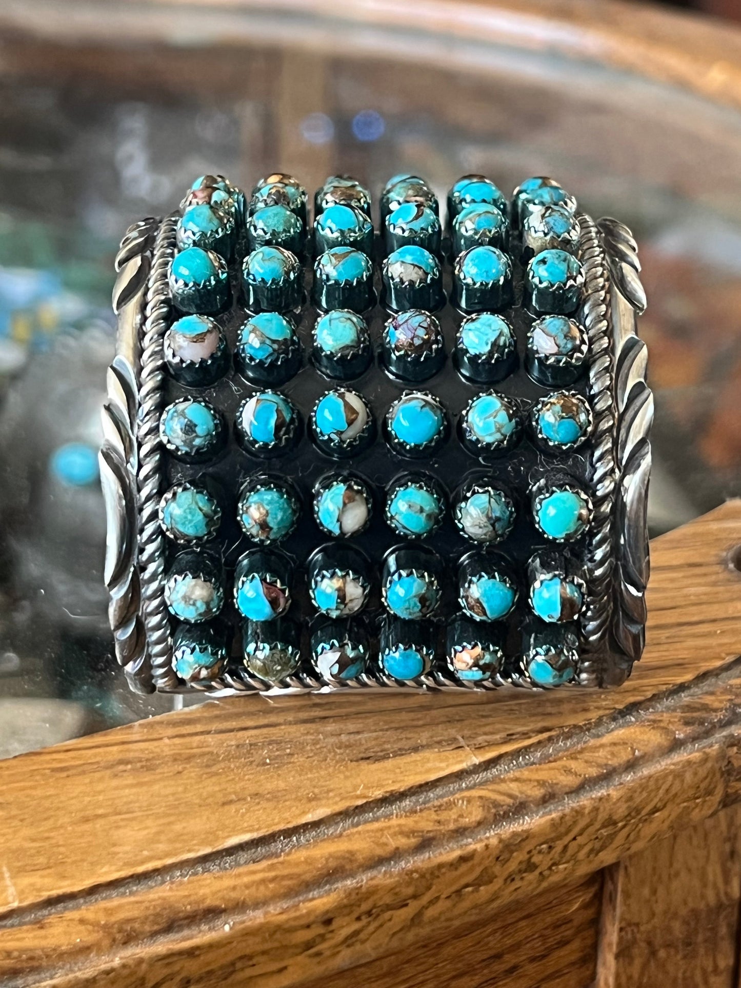 Handcrafted Sterling Silver and Blue Mohave Snake Eye Style Six Row Cuff Bracelet, Signed BJ