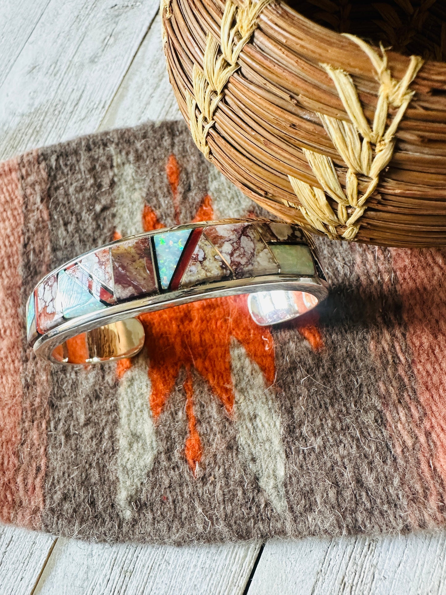 Handcrafted Multi Stone & Sterling Silver Inlay Cuff Bracelet