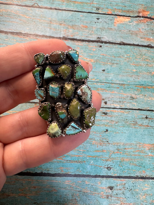 Beautiful Handmade Sonoran Mountain Turquoise And Sterling Silver Adjustable Cluster Ring