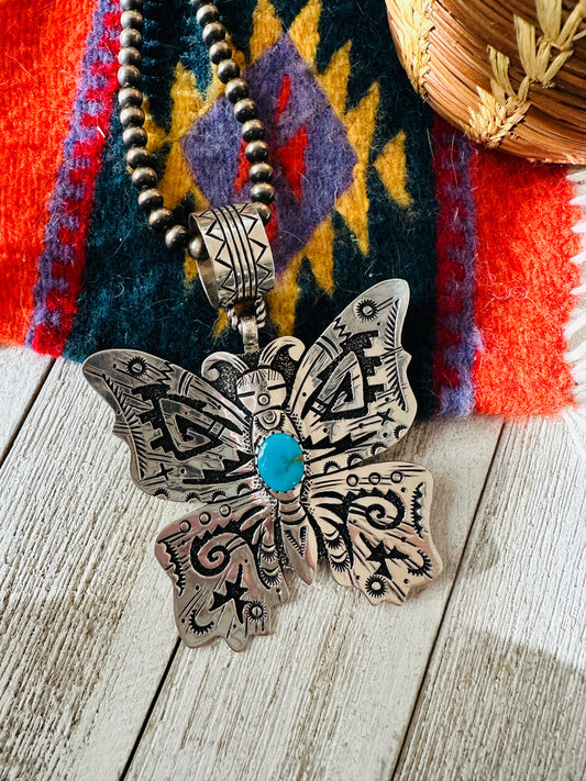 Handcrafted Turquoise & Sterling Silver Butterfly Pendant Signed Richard Singer