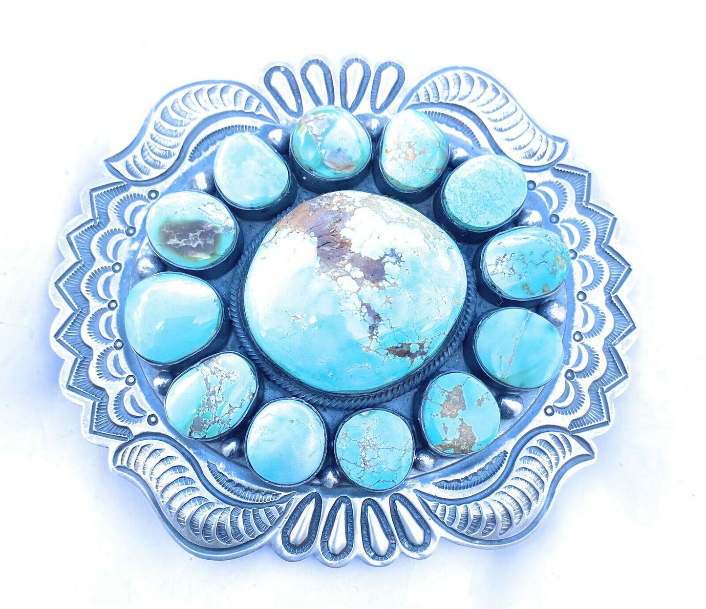 Handcrafted Stunning Vintage Number 8 Turquoise & Sterling Silver Belt Buckle Signed