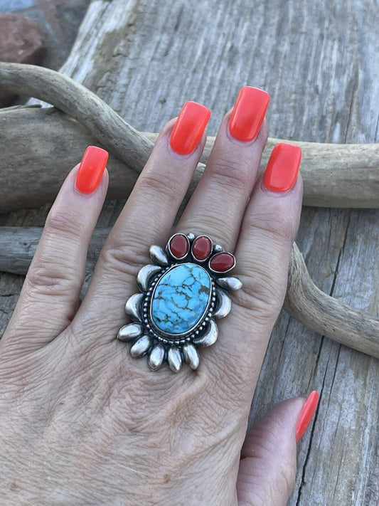 Handcrafted Sterling Kingman Web Turquoise & Red Coral Taos Collection Ring by Danny Clark, Sz 6.5