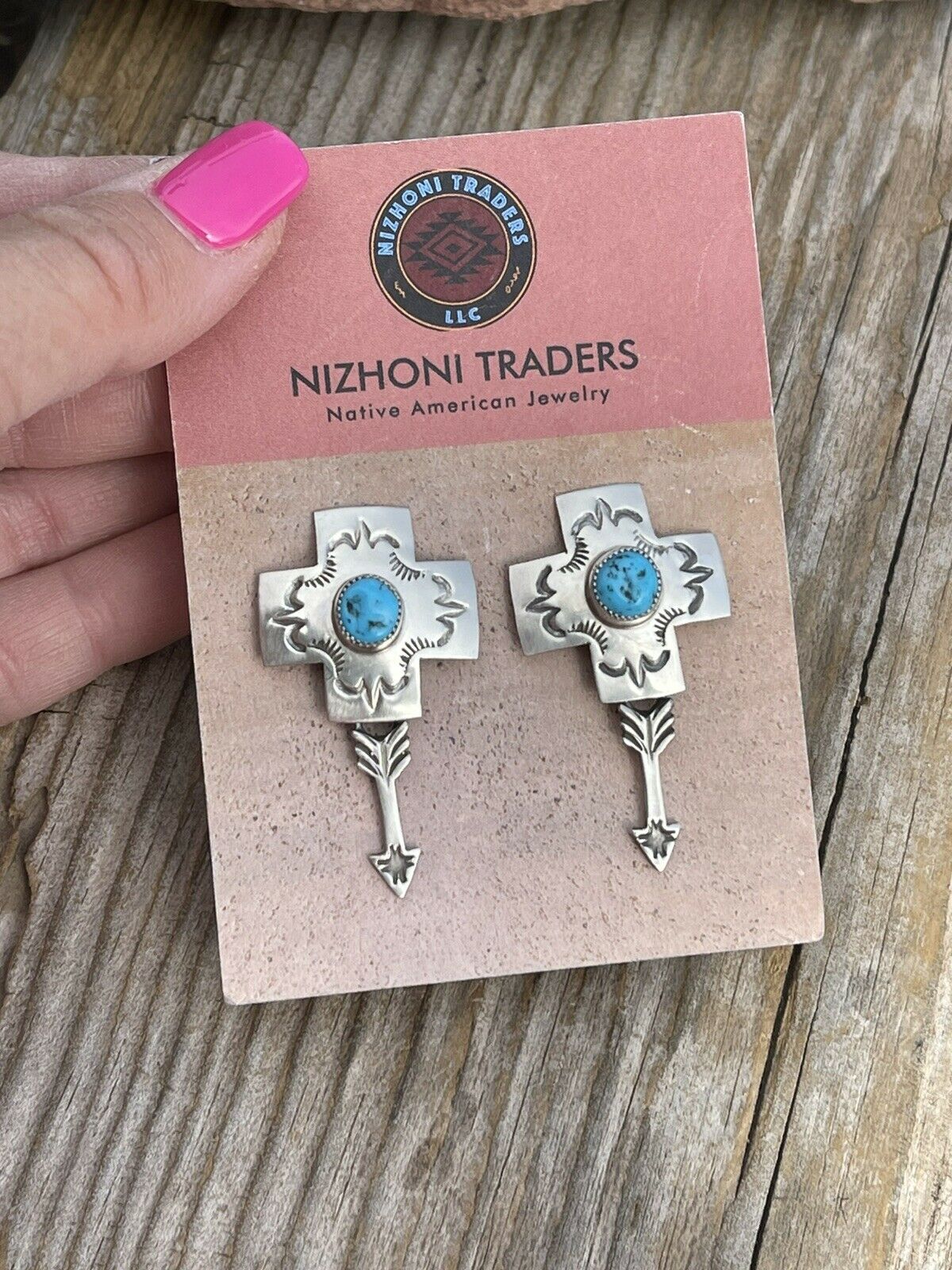 Navajo Sterling Silver Kingman Turquoise Cross Arrow Dangle Earrings