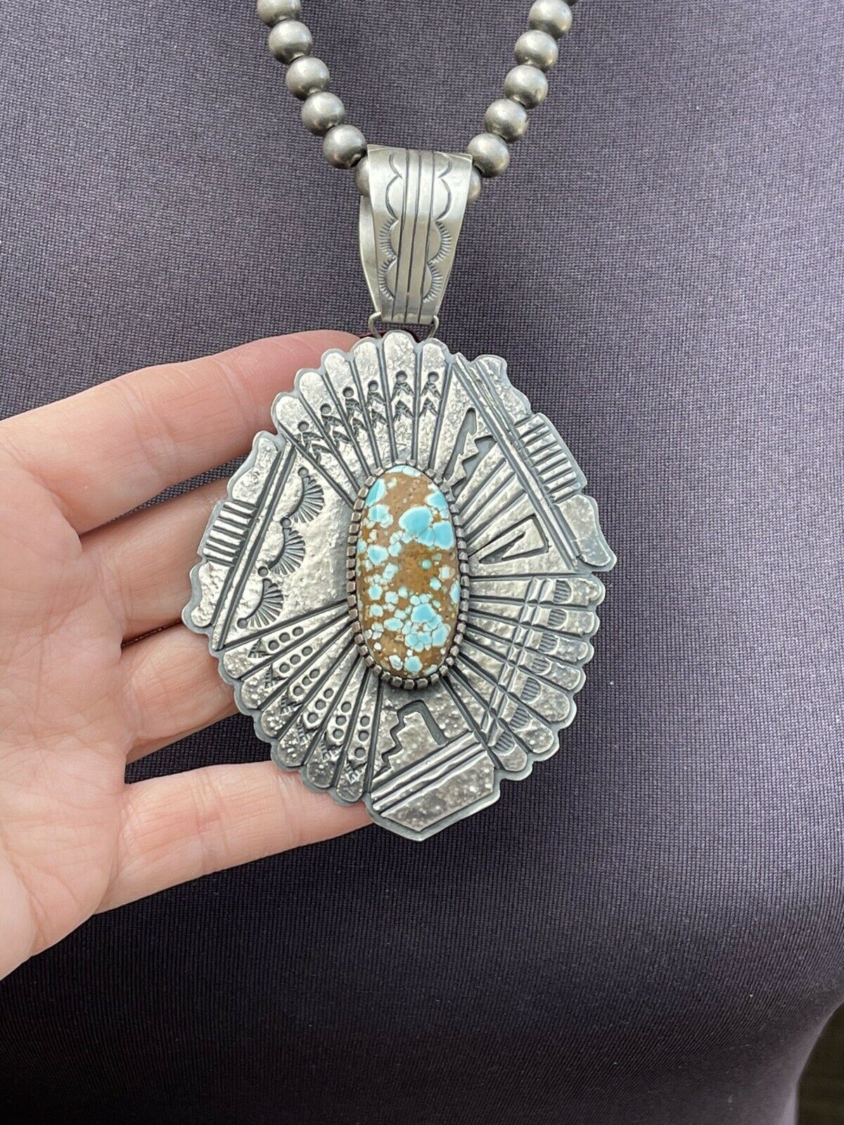 Handcrafted Number 8  Turquoise & Sterling Tufa Cast Jumbo Pendant Signed