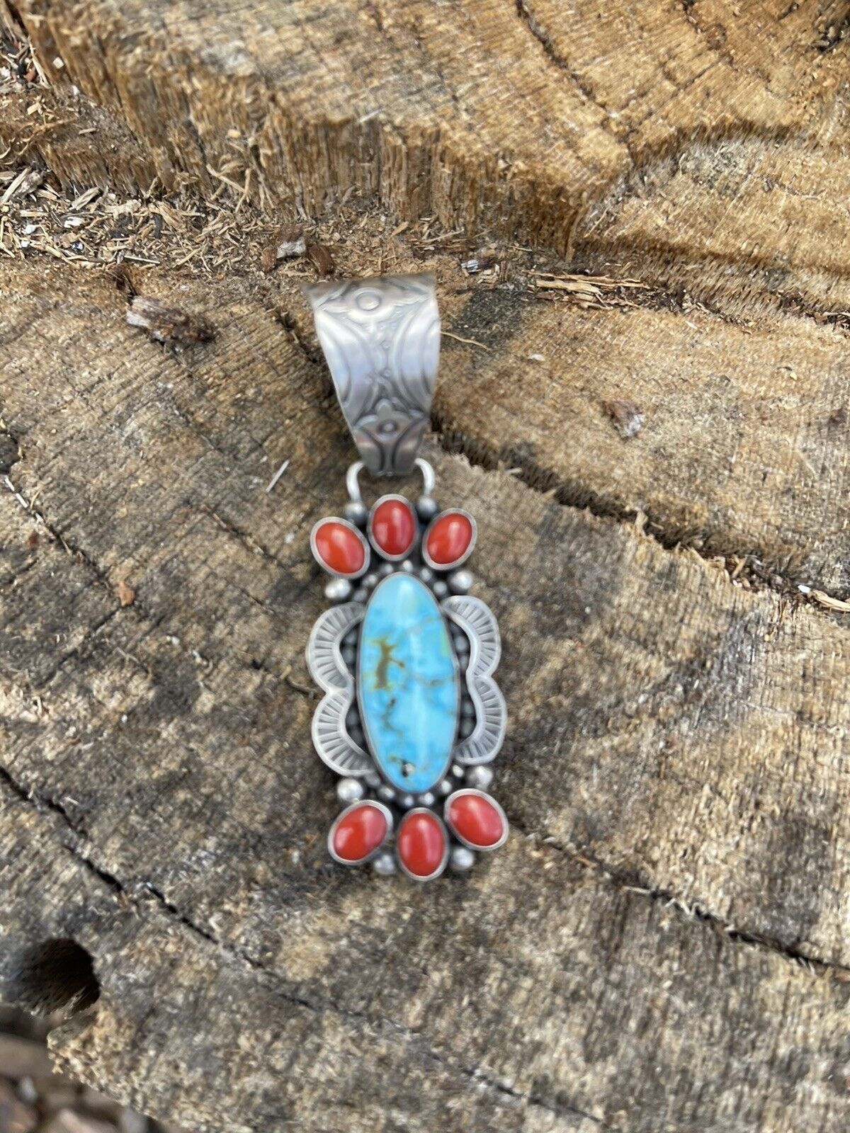 Handcrafted Sterling Kingman Web Turquoise & Red Coral Pendant Taos Collection