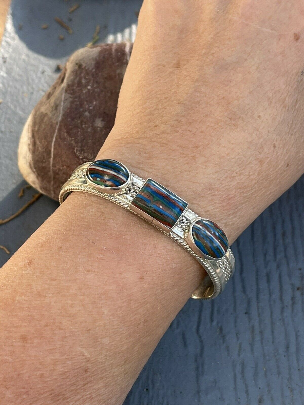 Unique Handcrafted Sterling Silver & Rainbow Stone Elegant Cuff Bracelet