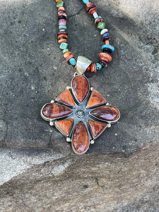 Handcrafted Sterling Silver Orange Spiny  Jumbo Cluster Pendant