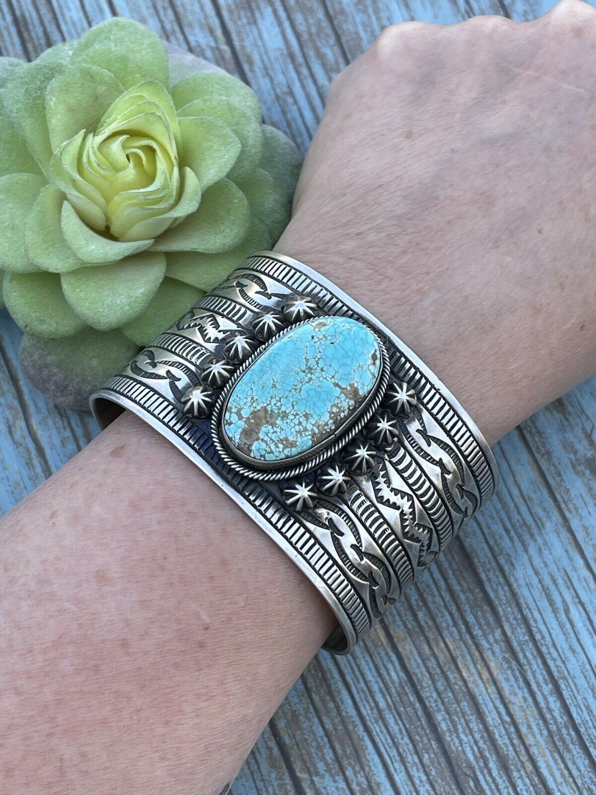 Handmade Sterling & Number 8 Turquoise Signed Cuff Signed Danny Clark