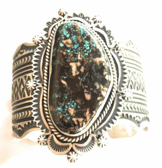 Handcrafted Royston Turquoise  Sterling Silver Handstamped Cuff Signed