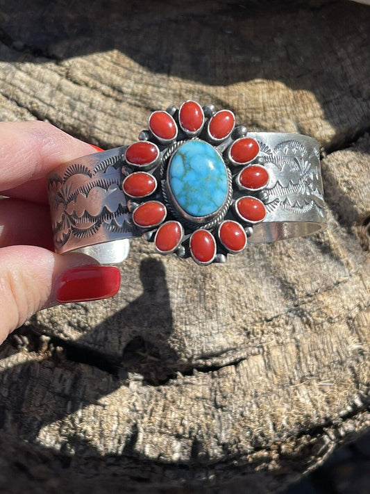 Handcrafted Sterling Kingman Web Turquoise & Red Coral Taos Bracelet Cuff by Bobby Johnson /