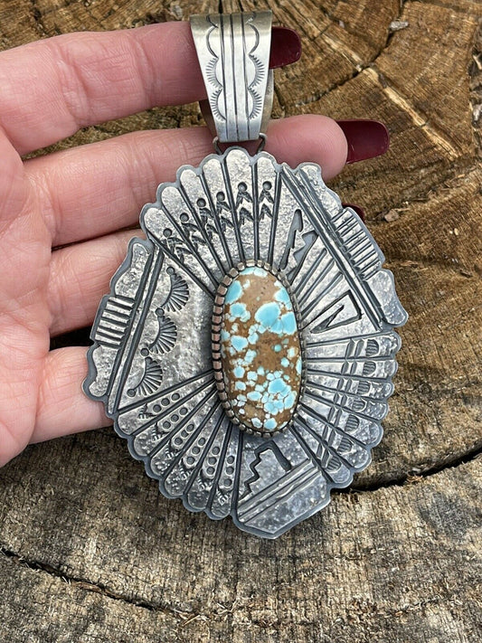 Handcrafted Number 8 Turquoise & Sterling Tufa Cast Jumbo Pendant Signed