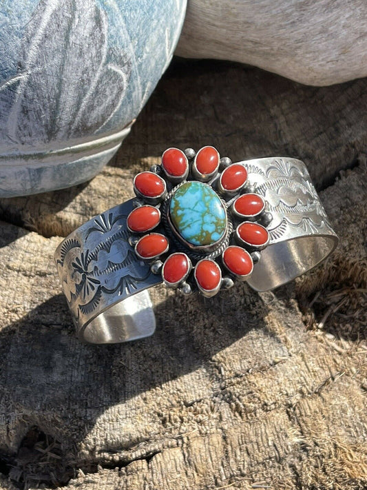 Handcrafted Sterling Kingman Web Turquoise & Red Coral Taos Bracelet Cuff by Bobby Johnson /