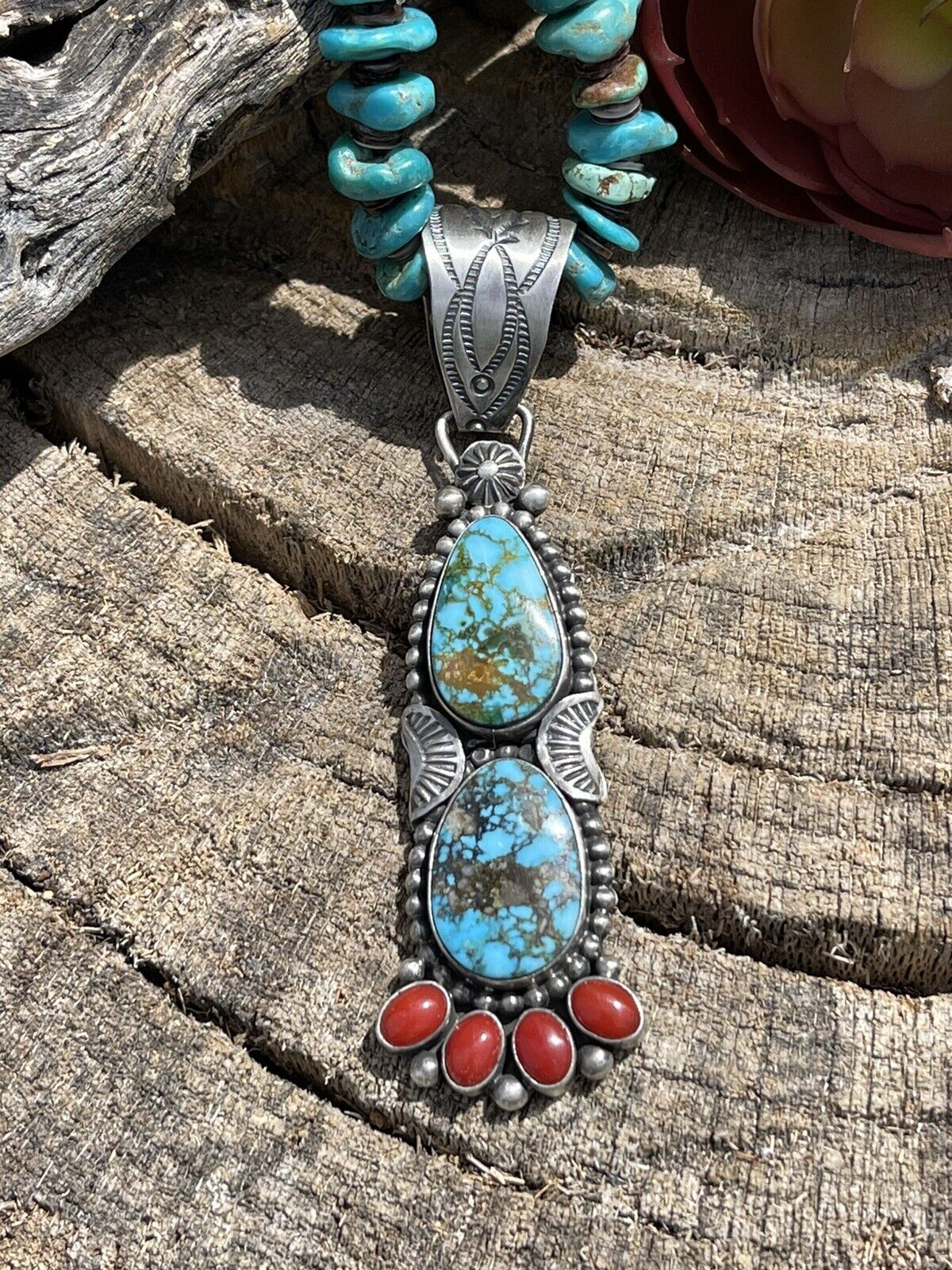 Handcrafted Sterling Kingman Web Turquoise & Red Coral Taos Pendant Danny Clark