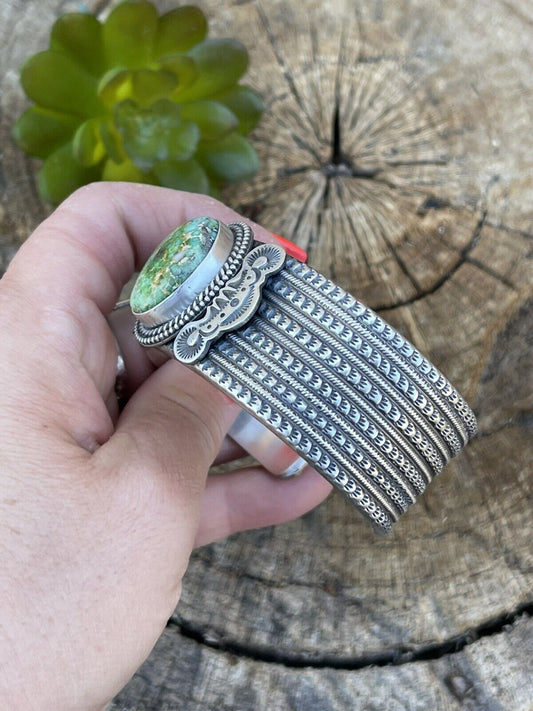Handcrafted Sterling Silver & Sonoran Gold Turquoise Cuff Bracelet Signed & Stamped