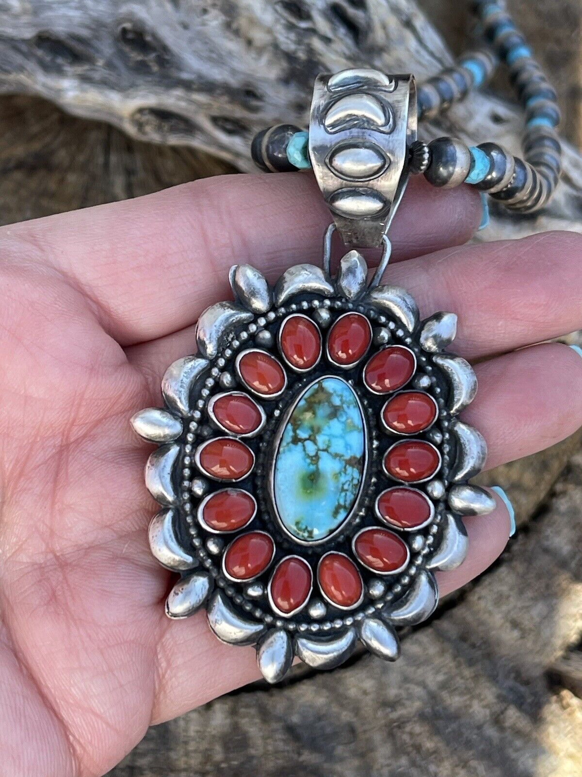 Handcrafted Sterling Kingman Web Turquoise & Red Coral Taos Ornate Pendant D. Clark