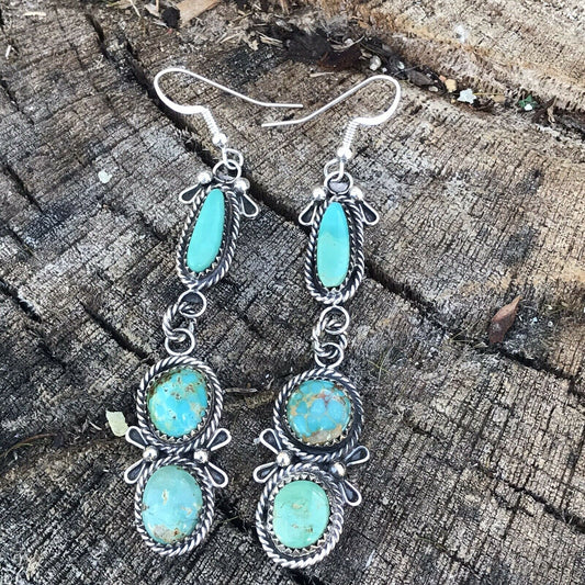 Navajo Mixed Turquoise & Sterling Silver Dangles Signed