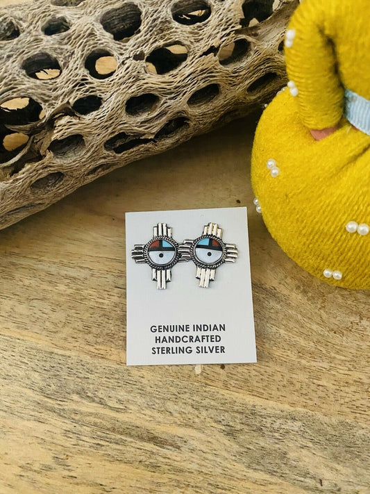 Handcrafted Sun Face Multi Stone And Sterling Cross Stud Earrings