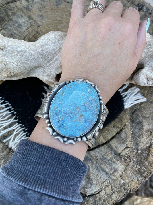 Handcrafted Southwest Kingman Turquoise & Sterling Silver Cuff Signed Danny Clark