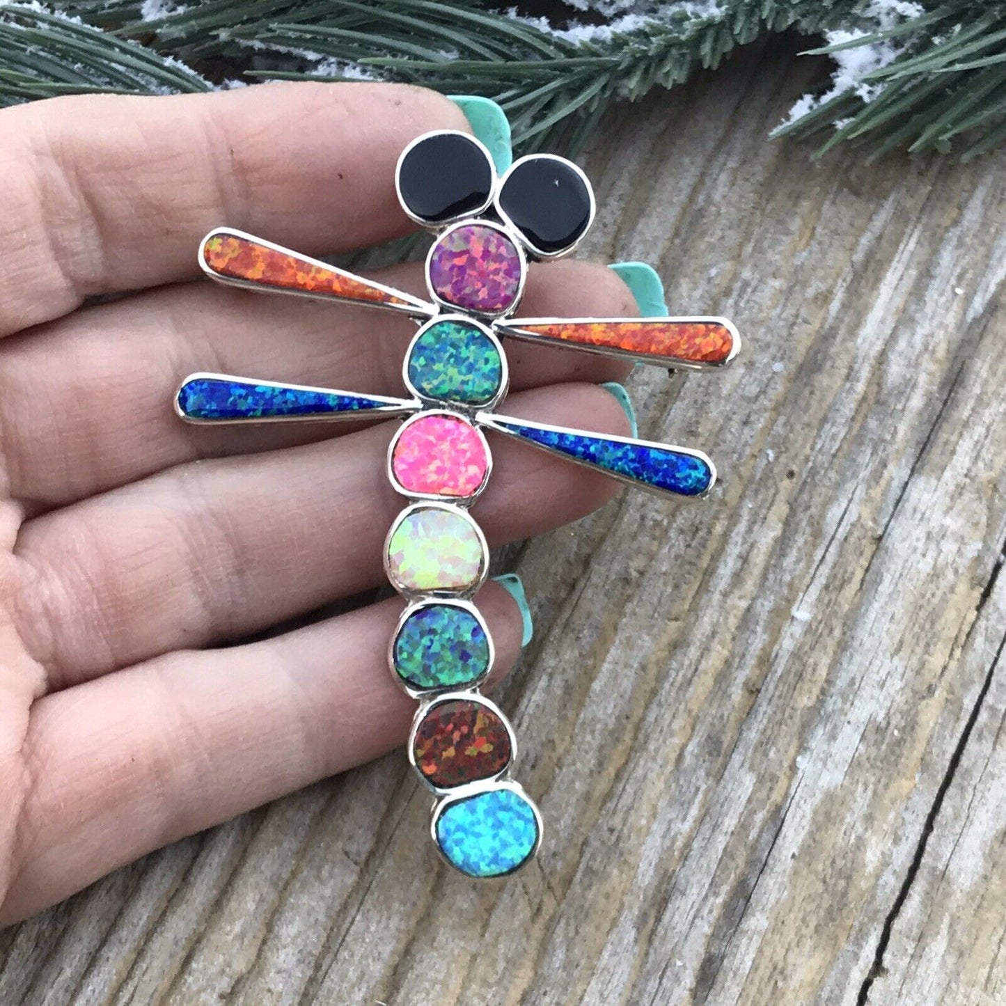 Handcrafted Sterling Silver & Multi Color Opal Stone Dragonfly Pendant Pin Signed