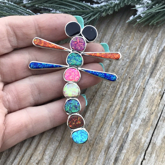 Handcrafted Sterling Silver & Multi Color Opal Stone Dragonfly Pendant Pin Signed