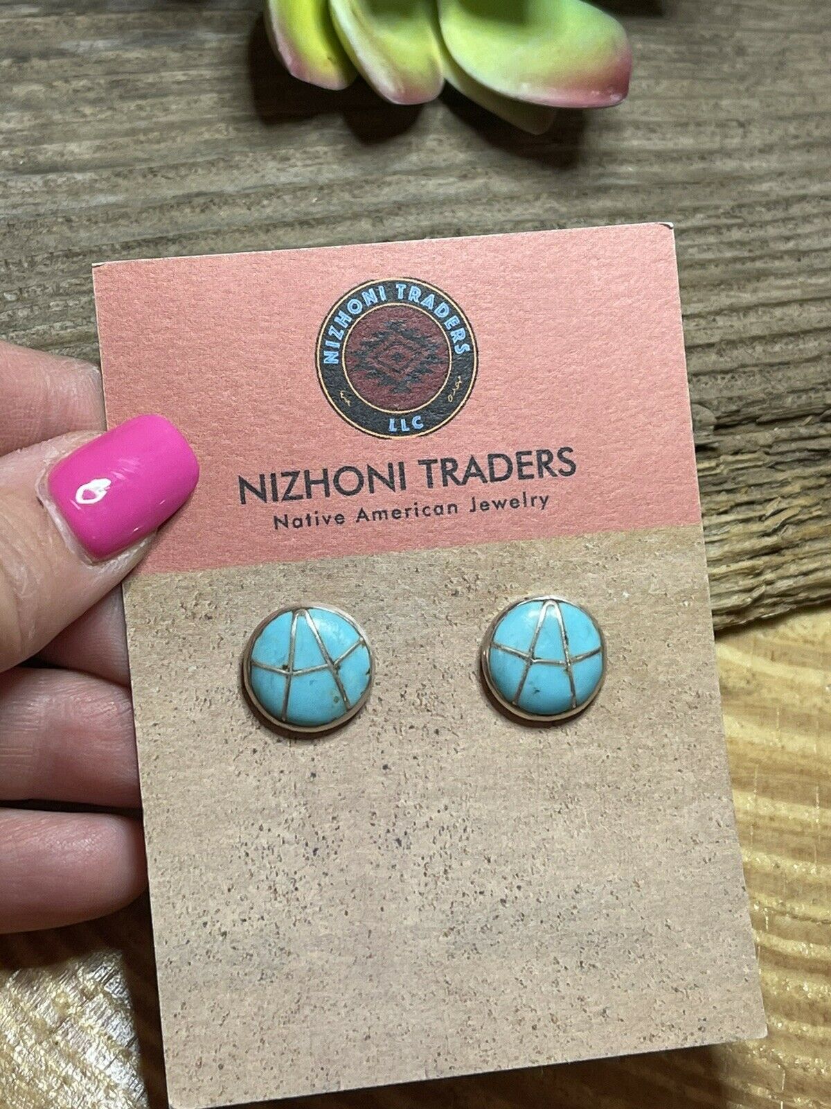 Handcrafted Sterling Silver & Turquoise Inlay Circle Post Earrings Signed K