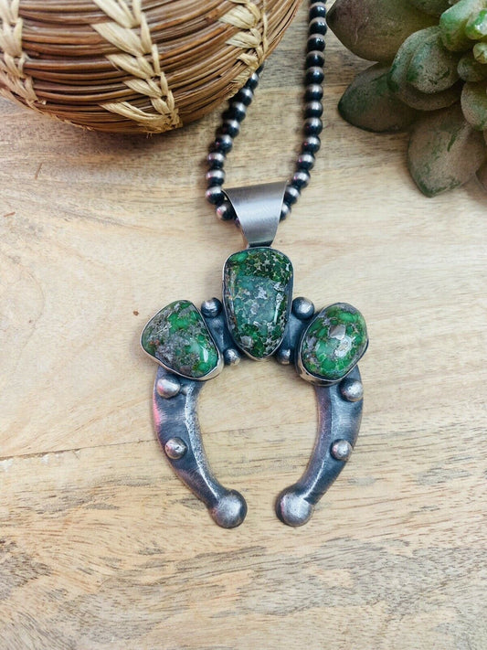 Navajo Sterling Silver & Sonoran Gold Turquoise Naja Pendant By Chimney Butte