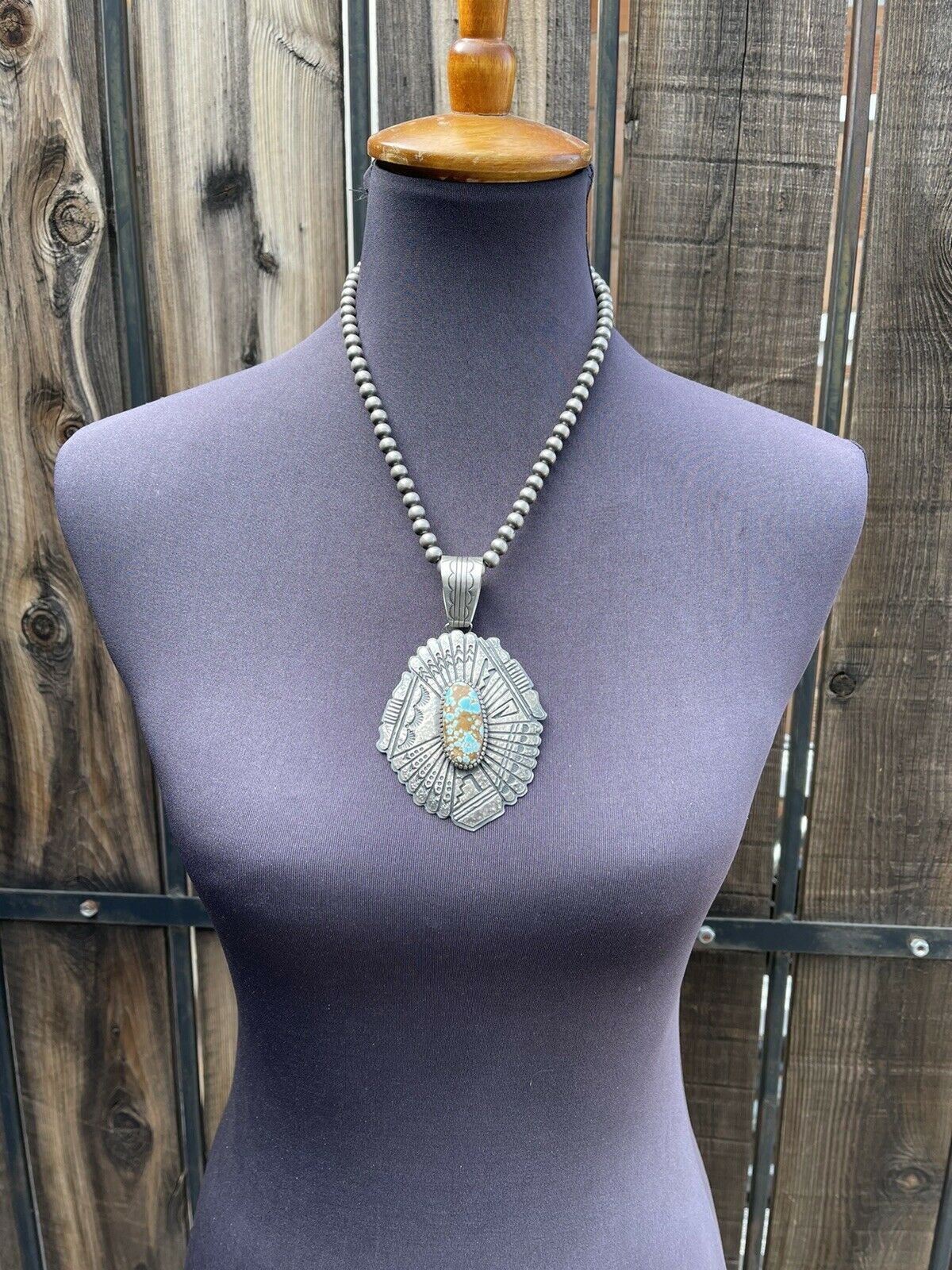 Handcrafted Number 8  Turquoise & Sterling Tufa Cast Jumbo Pendant Signed