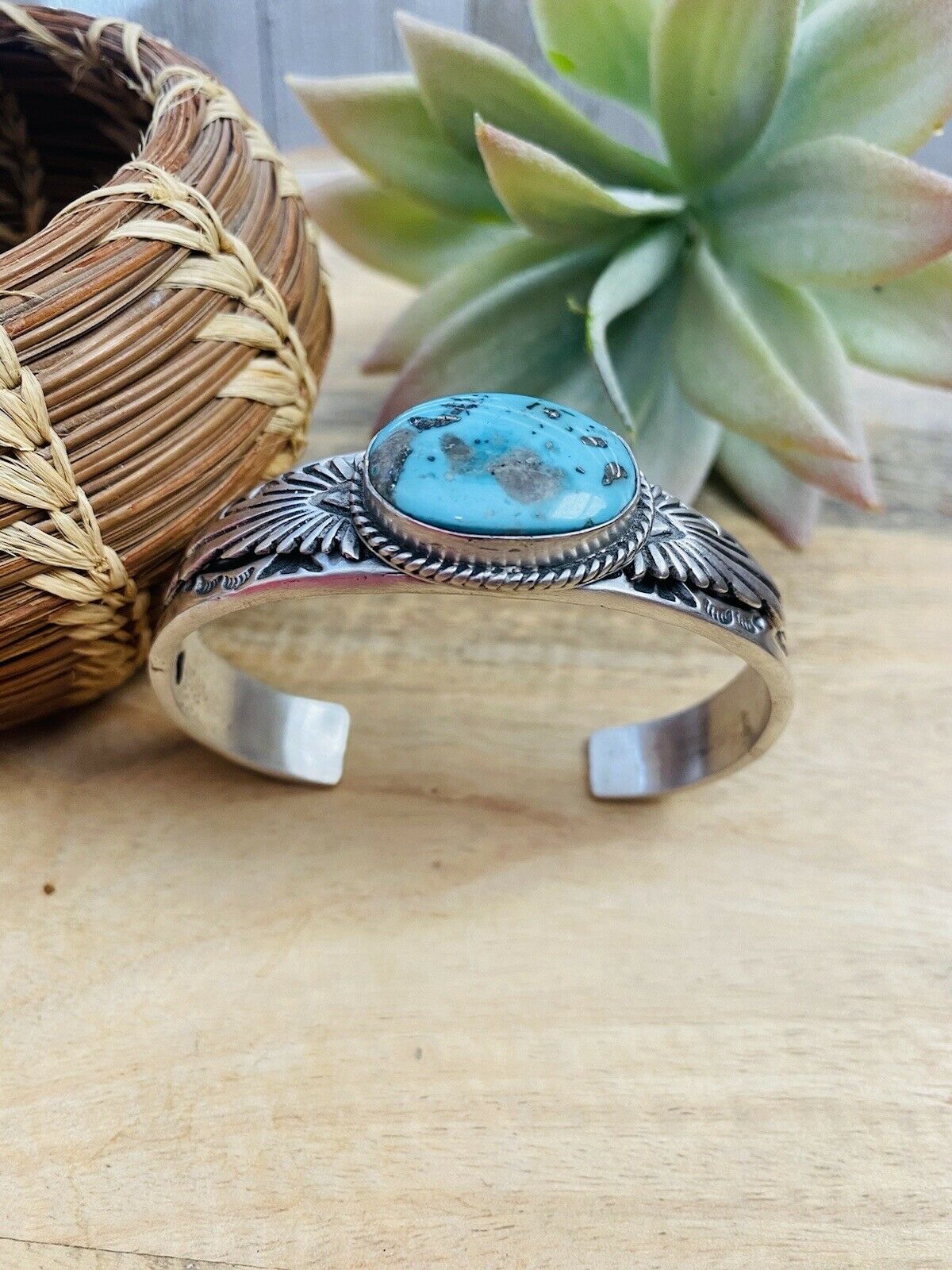 Navajo Sterling Silver & Royston Turquoise Cuff Bracelet Signed