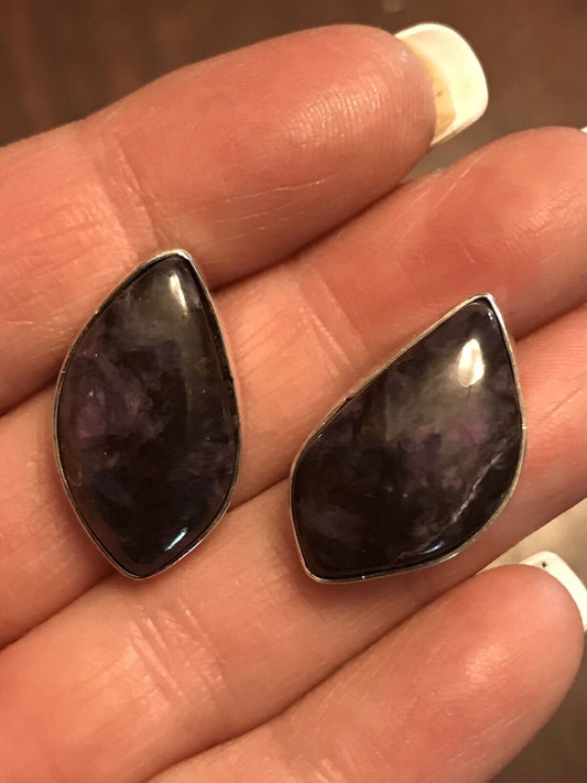 Handcrafted Charoite And Sterling Silver Post Earrings Stamped Sterling