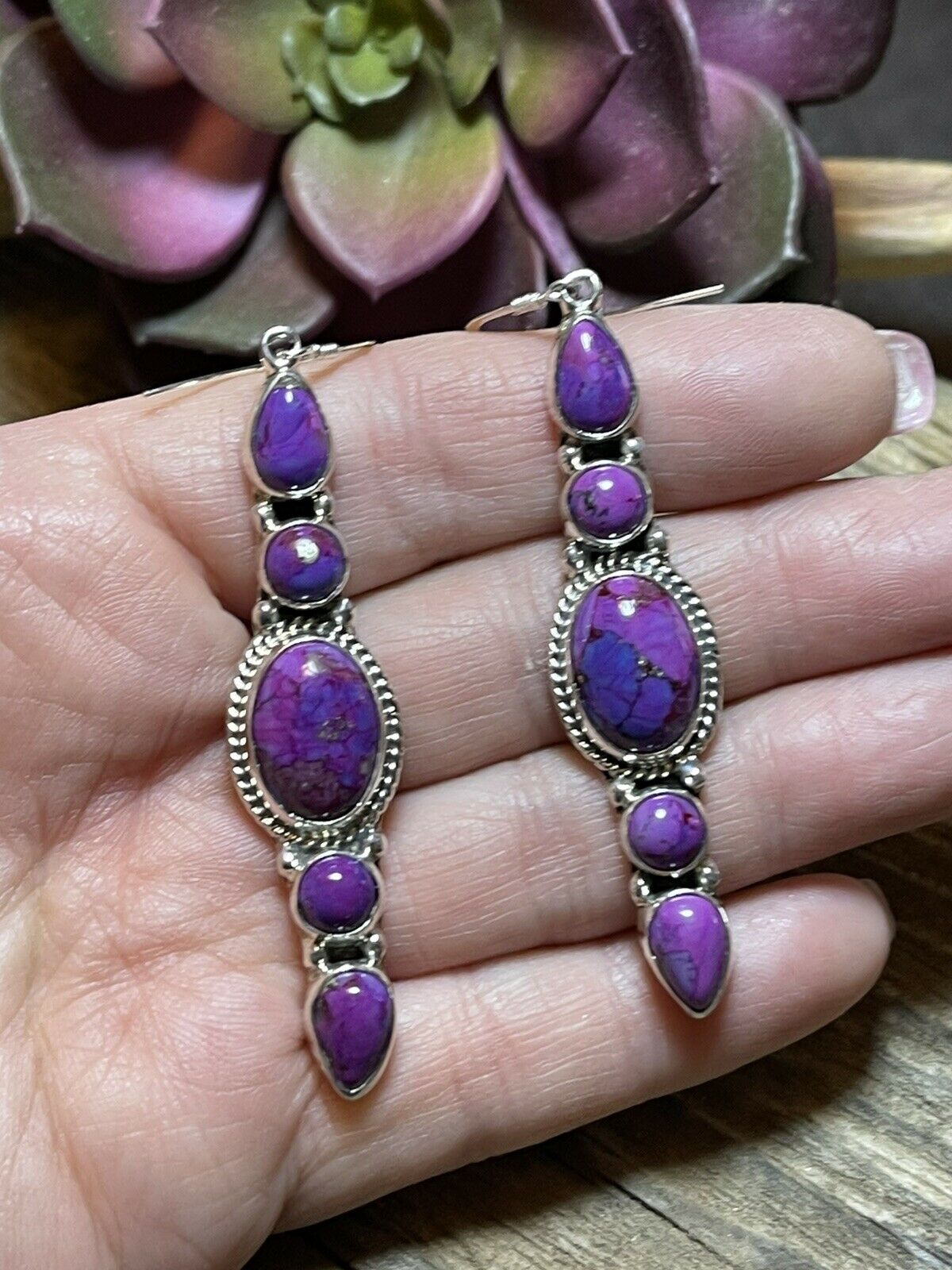 Handcrafted Sterling Silver Purple Mojave Dangle Fancy Earrings Signed
