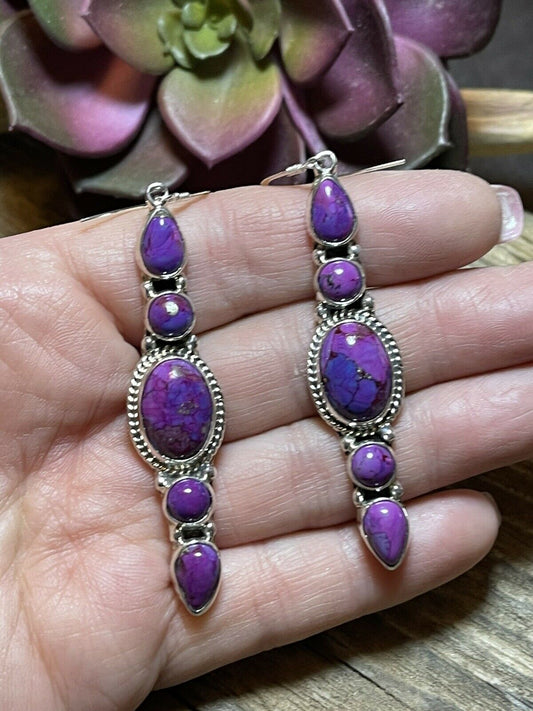 Handcrafted Sterling Silver Purple Mojave Dangle Fancy Earrings Signed