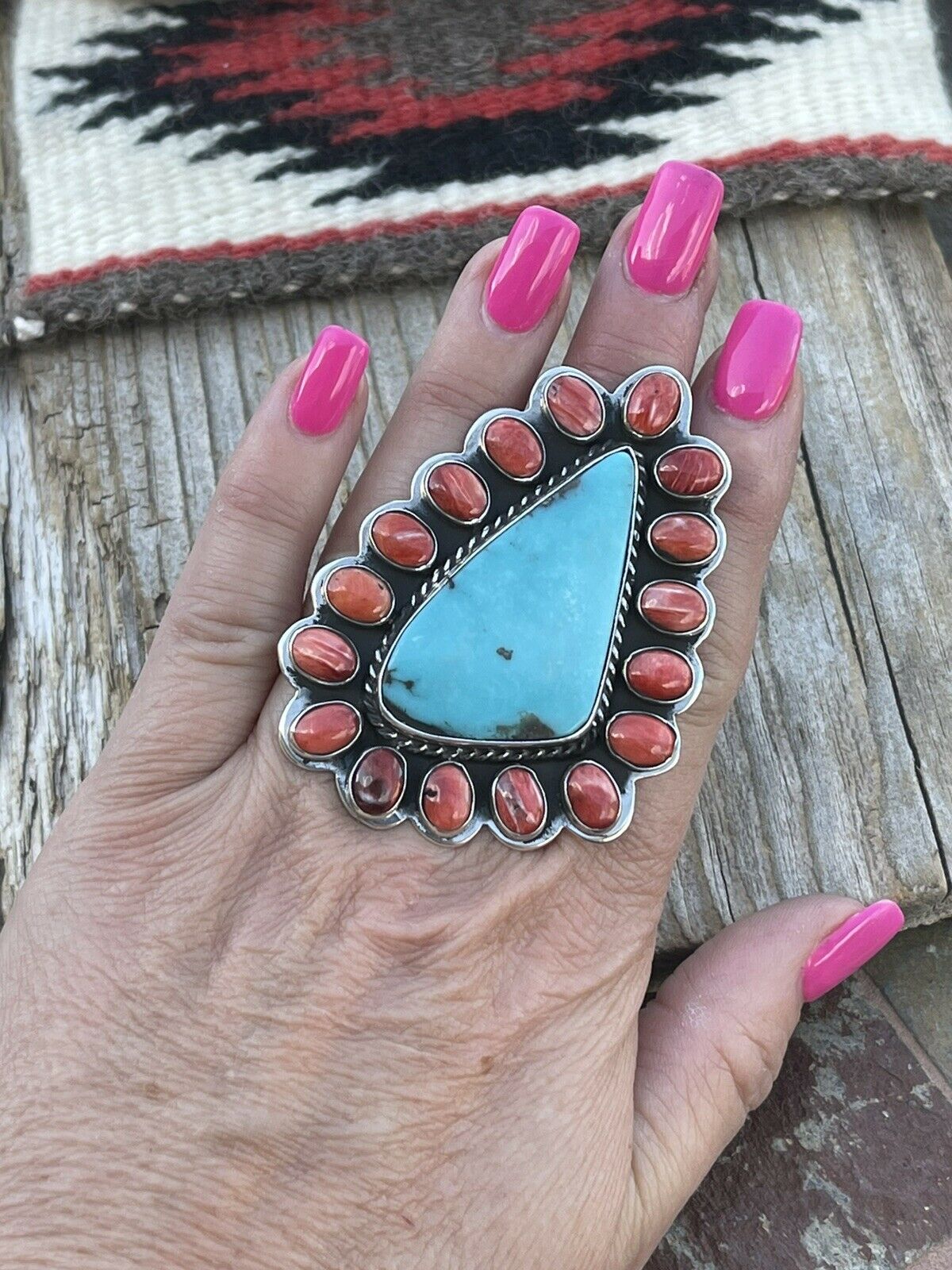 Navajo Cluster Fox Turquoise Spiny Sterling Silver Ring Sz Is Adjustable