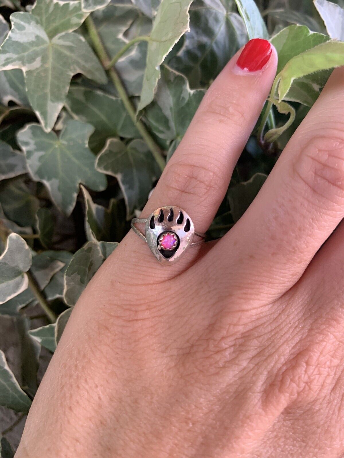Handcrafted Sterling Silver Hot Pink Opal Bear Paw Ring