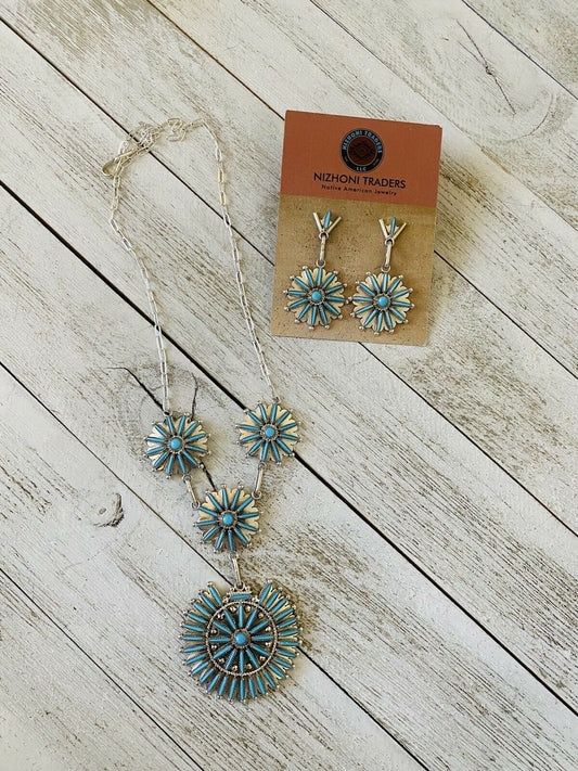 Handcrafted Sterling Silver & Turquoise Needlepoint Necklace & Earring Set Signed