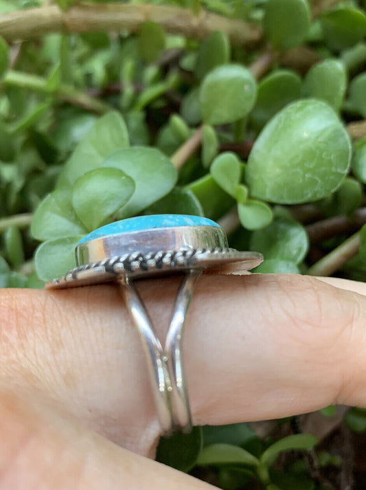 Handcrafted Kingman Turquoise Stamped Sterling Silver  Signed Statement Ring