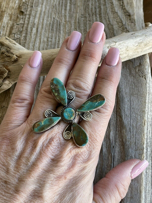 Handcrafted Sterling Silver & Royston Turquoise Scroll Petal Ring Size 8. Signed