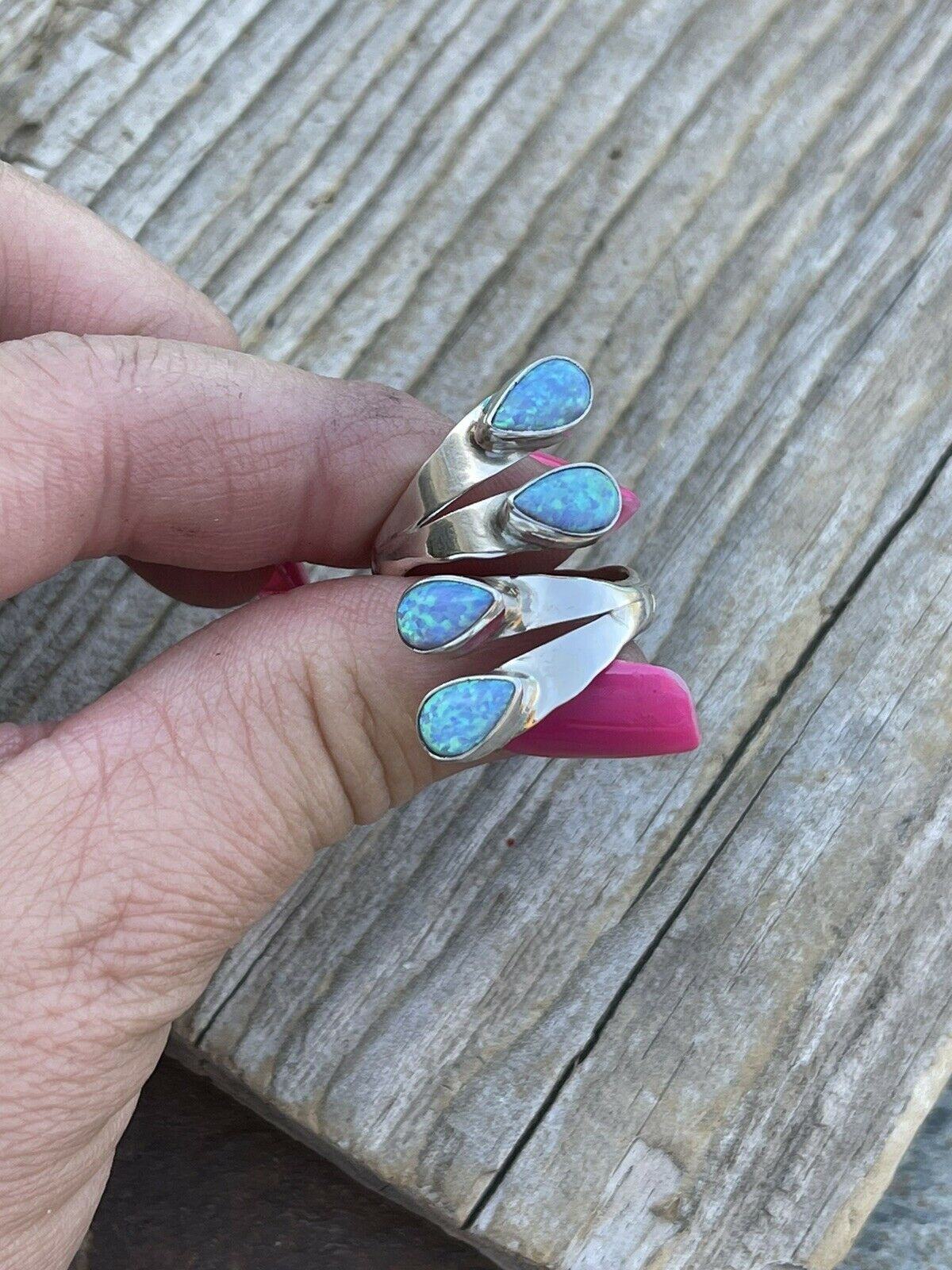 Handcrafted Sterling Silver Bright Blue Opal Adjustable 4 Stone Ring