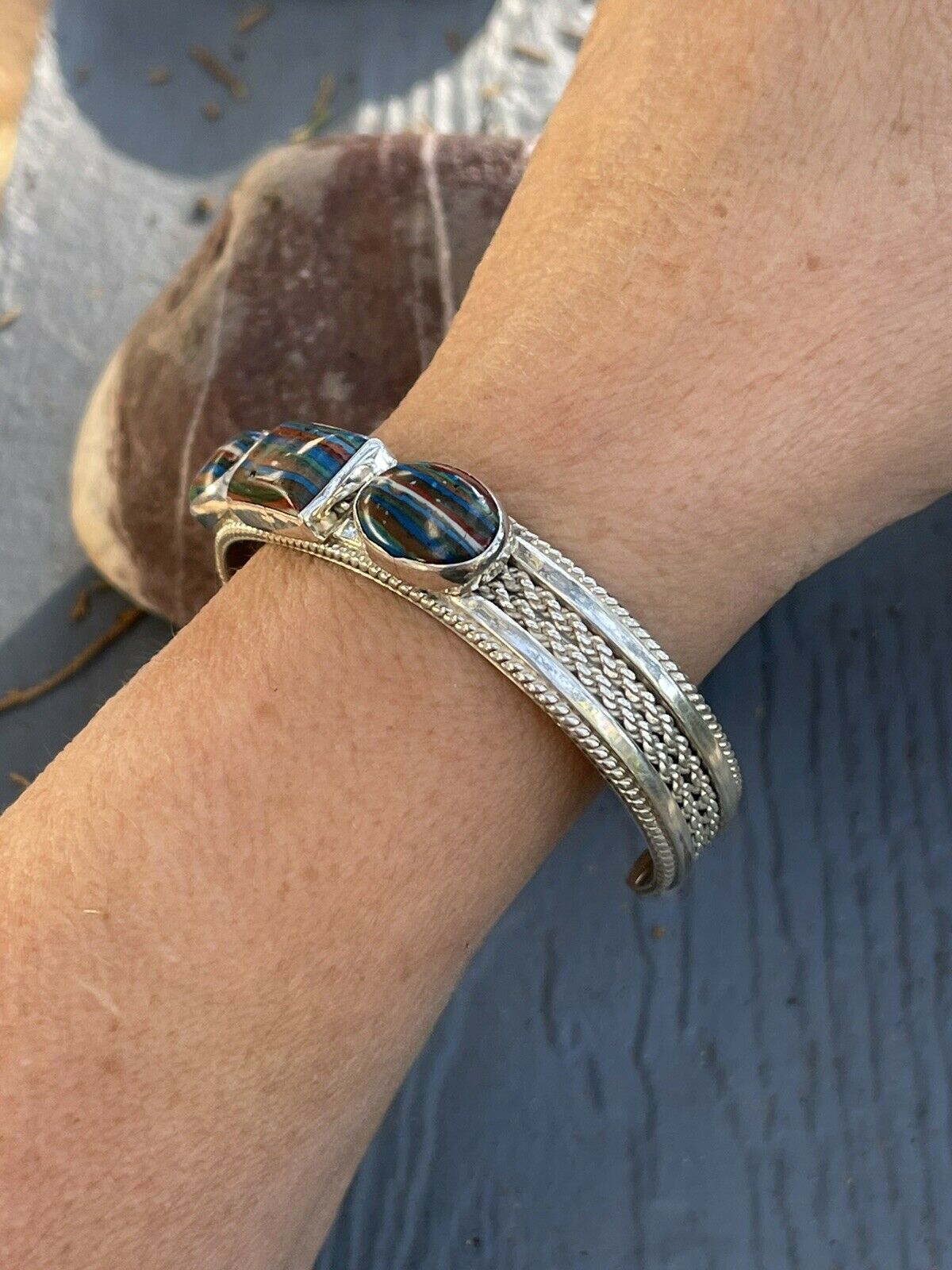 Unique Handcrafted Sterling Silver & Rainbow Stone Elegant Cuff Bracelet